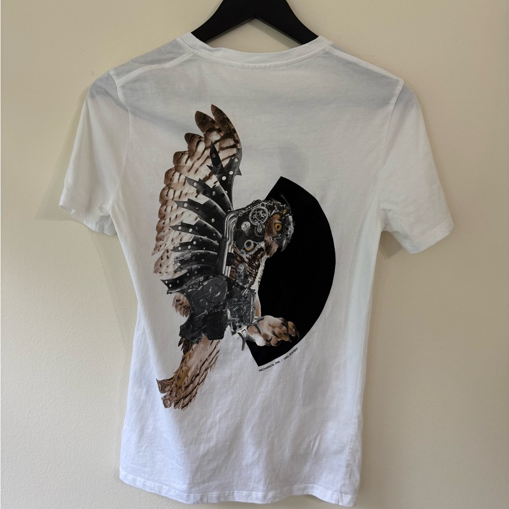 Neil Barrett White Cotton Tee with Mechanical Owl Graphic. Size XXS, like new